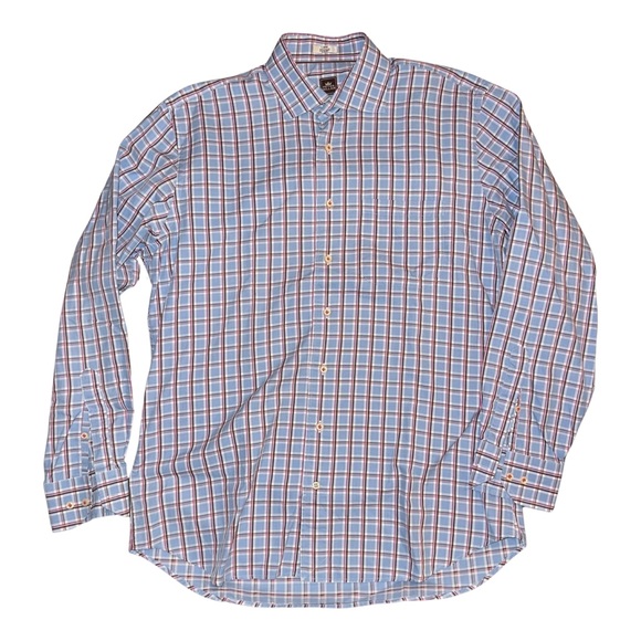 Peter Millar Crown Comfort Dress Shirt Pink Blue Brown Plaid - Picture 7 of 10